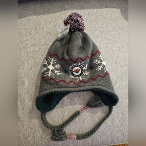 MN Wild Hockey Red and Gray Winter Hat with Earflaps and Pom-Pom